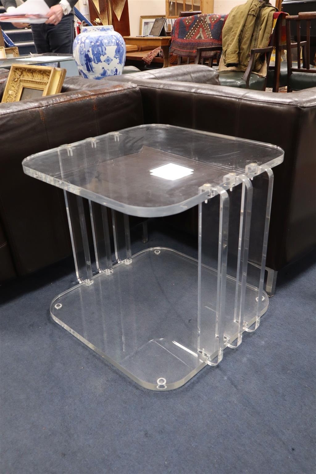 A pair of 1970s lucite lamp tables, width 68cm, depth 61cm, height 56cm